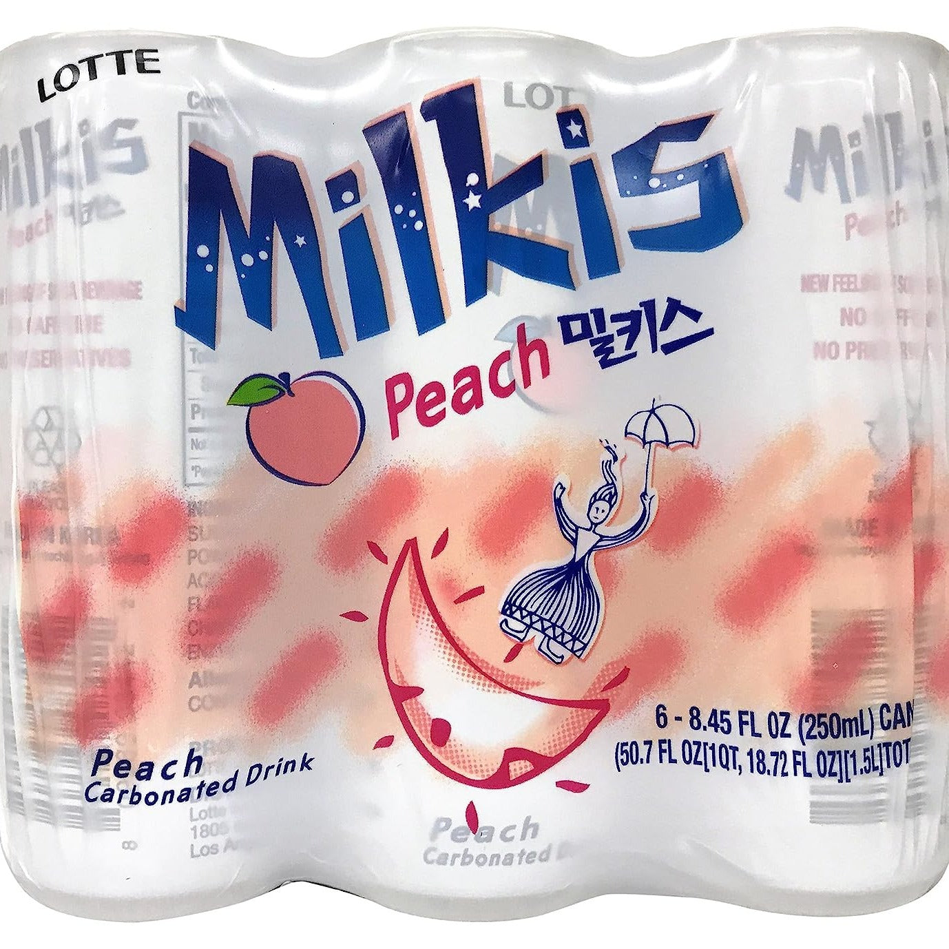 LOTTE Milkis Peach Flavored Carbonated Drink 8.45fl oz (250ml) x 6Cans 50.7fl.oz