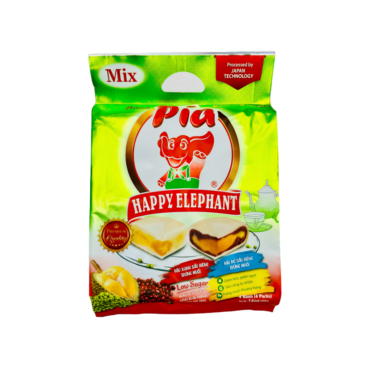 Happy Elephant Pia Cake Mung Bean Azuki & Durian Salted Egg Yolk 14 oz - A&E Foodstore