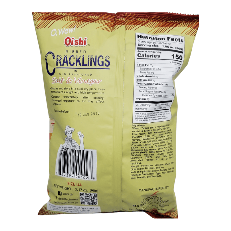 Oishi Ribbed Cracklings Salt & Vinegar 90g - A&E Foodstore
