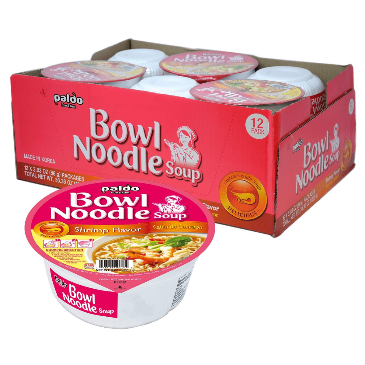 Paldo Fun & Yum Instant Cup Noodle Soup Bowl with Seafood Shrimp Flavored Broth - A&E Foodstore