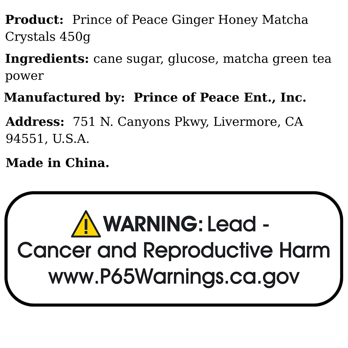 Prince of Peace Ginger Honey Matcha Crystals 450g
