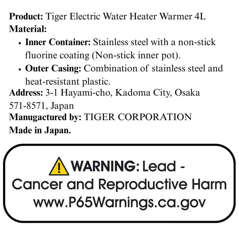 Tiger Electric Water Heater Warmer 4L - A&E Foodstore