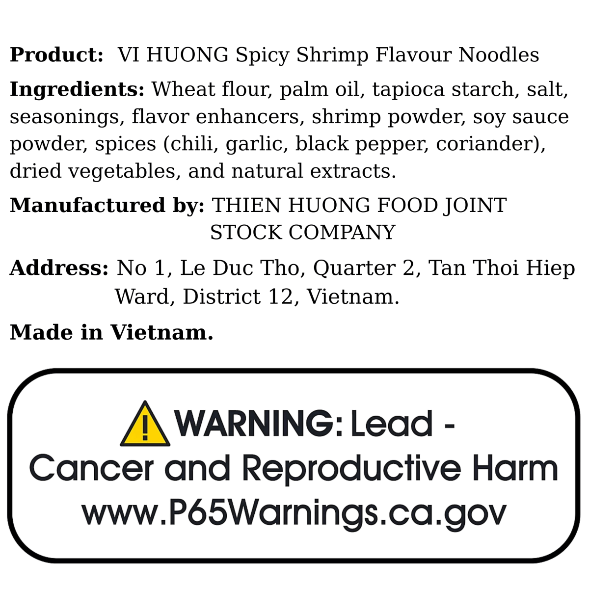 VI HUONG Spicy Shrimp Flavour Noodles 70g - A&E Foodstore