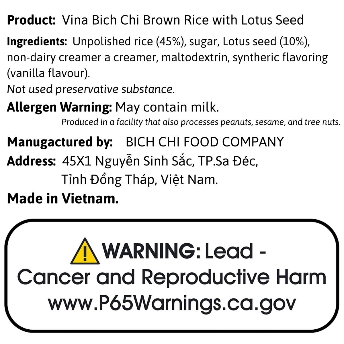 Vina Bich Chi Brown Rice with Lotus Seed 12.3oz - A&E Foodstore