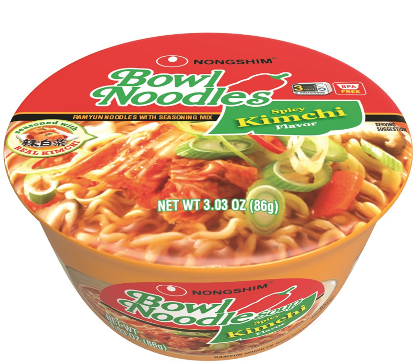 Nongshim Kimchi Instant Ramen Noodle Bowl Soup Mix, Korean Ramyun with Veggies, Microwaveable