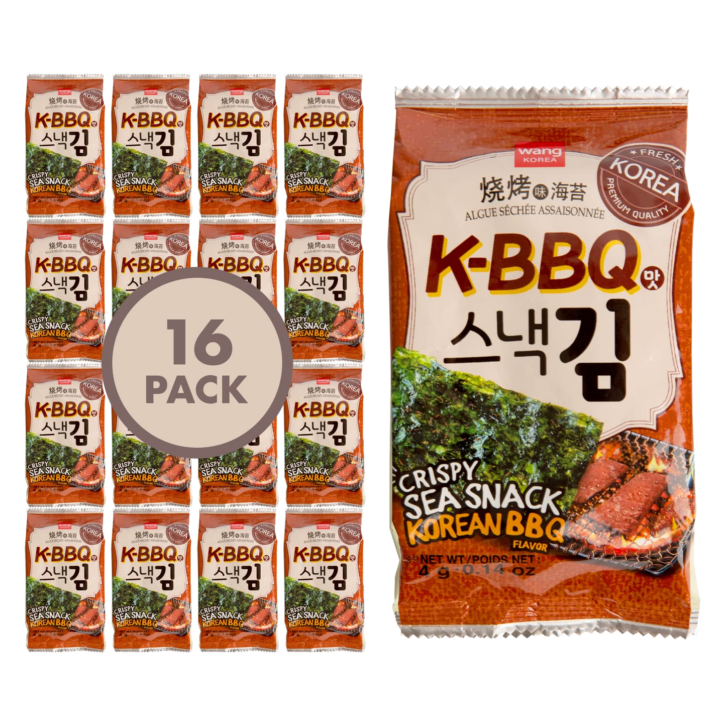 Wang Roasted Seaweed Snack, Korean Barbeque Flavored Pack of 16