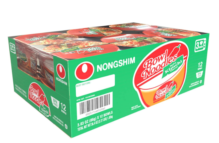 Nongshim Kimchi Instant Ramen Noodle Bowl Soup Mix, Korean Ramyun with Veggies, Microwaveable