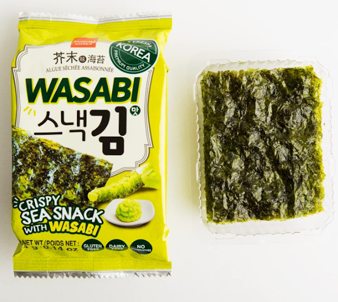 Wang Korean Roasted Seaweed Snack with Wasabi, Keto-friendly, Vegan, Gluten-Free, Healthy Snack, Pack of 16