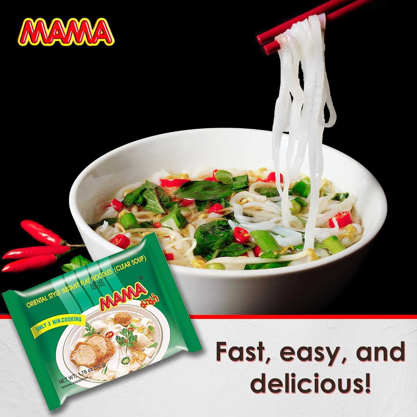 MAMA Noodles Flat Clear Soup Instant Rice Noodles w/ Delicious Thai Flavors