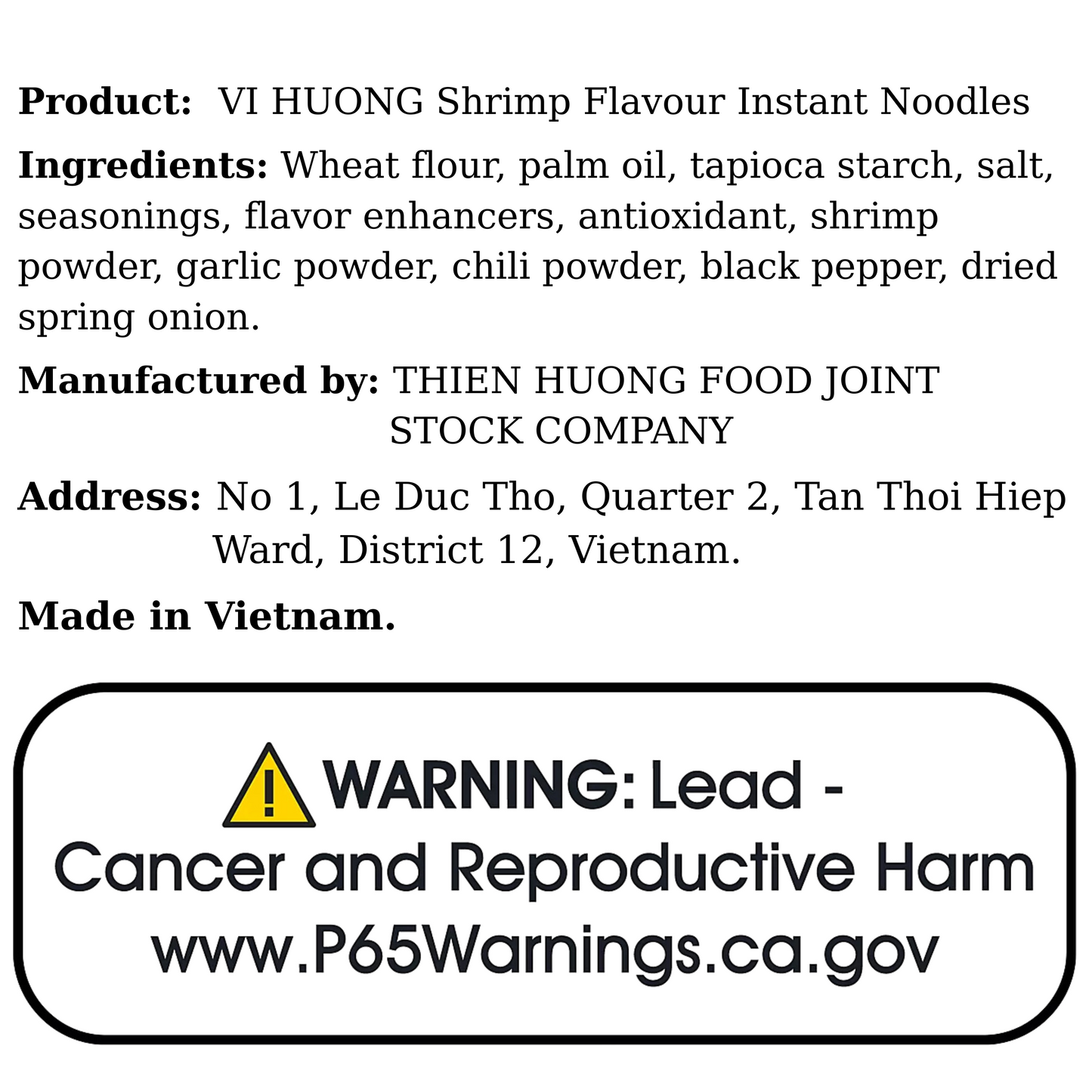 VI HUONG Shrimp Flavour Instant Noodles 60g