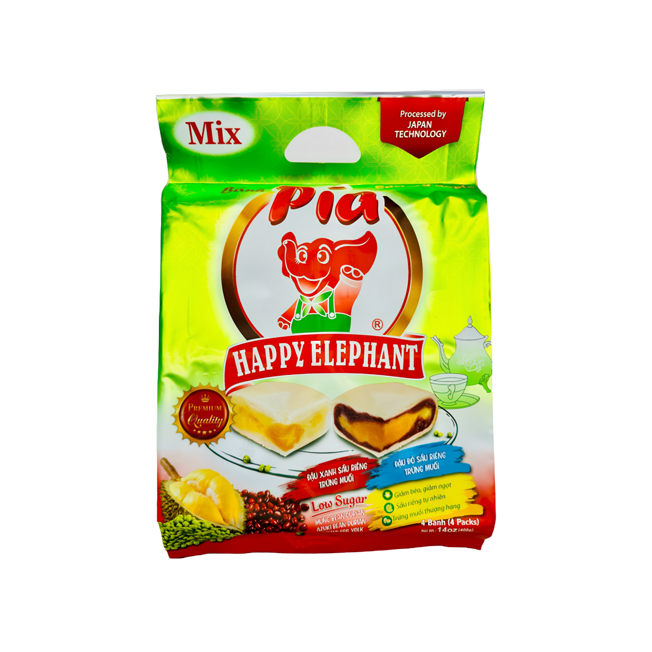 Happy Elephant Pia Cake Mung Bean Azuki & Durian Salted Egg Yolk 14 oz