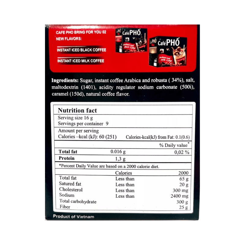 Cafe Pho Brand Instant Iced Black Coffee 9 Sachets x 16g - A&E Foodstore