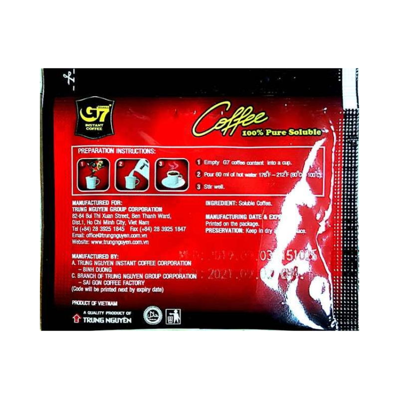 Trung Nguyen G7 Pure Black Instant Coffee 100% Pure Soluble 1.05 oz