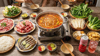 Asian hotpot lau dinner with strawberry soda
