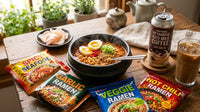 Vietnamese instant noodle variety with iced milk coffee