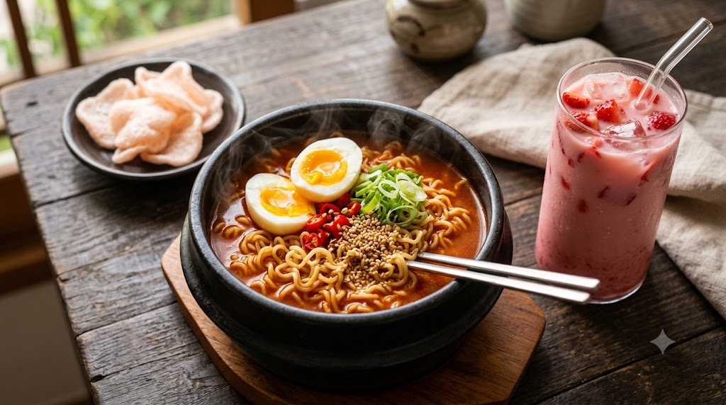 Korean spicy ramyun with strawberry milk tea