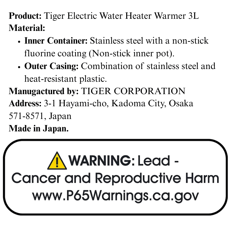 Tiger Electric Water Heater Warmer 3L - A&E Foodstore