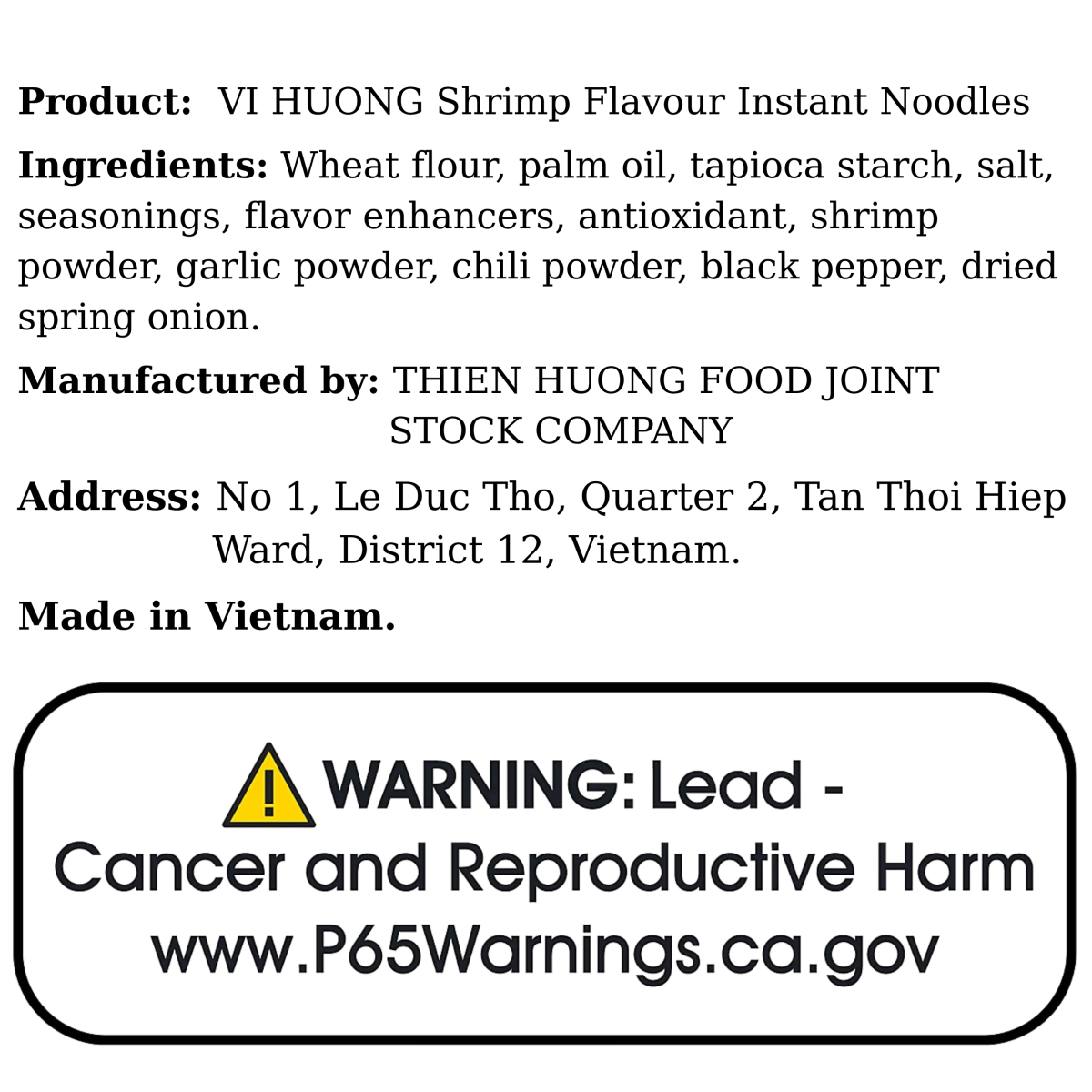 VI HUONG Shrimp Flavour Instant Noodles 60g - A&E Foodstore