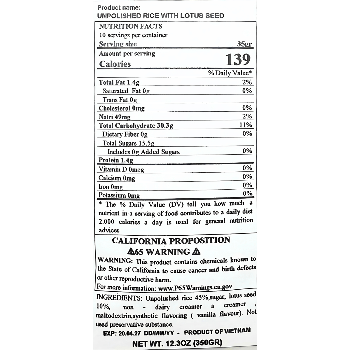 Vina Bich Chi Brown Rice with Lotus Seed 12.3oz - A&E Foodstore