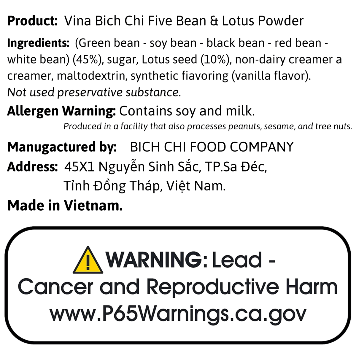 Vina Bich Chi Five Bean & Lotus Powder 12.3oz - A&E Foodstore