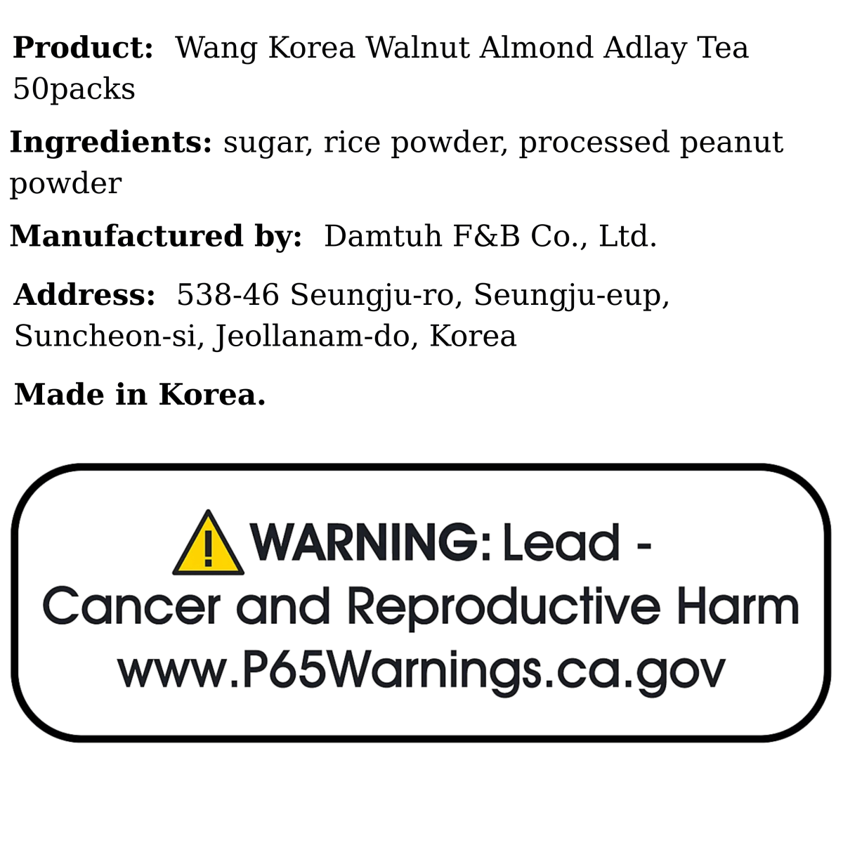 Wang Korea Walnut Almond Adlay Tea 50packs - A&E Foodstore