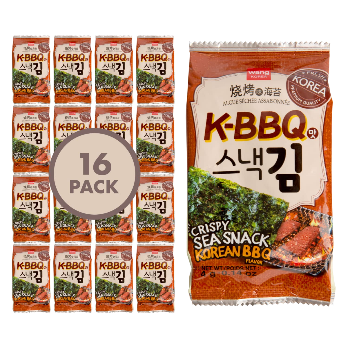 Wang Roasted Seaweed Snack, Korean Barbeque Flavored Pack of 16 - A&E Foodstore